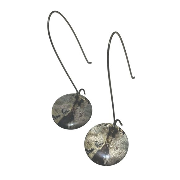 Silver-Plated Long Circle Drop Earrings With Round Textured Design - Picture 3 of 6